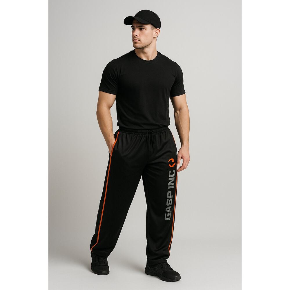 Y2K Bodybuilding Gym Track Pants Black Orange GASP INC Size L